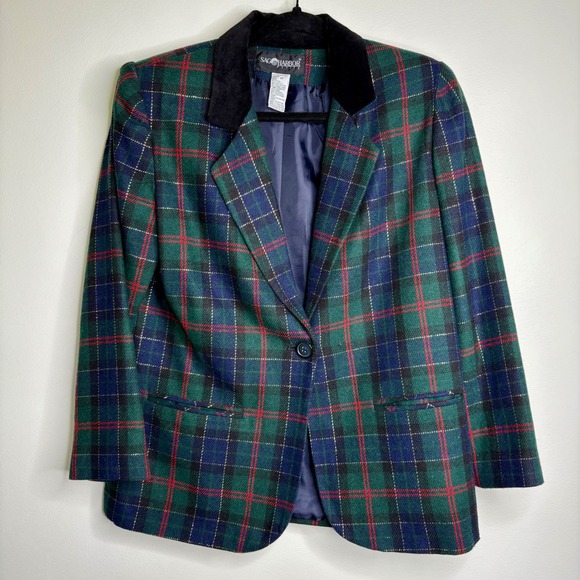 Vintage Sag Harbor 90s Petite Plaid Blazer Velvet Collar Jacket Wool Blend Sz 4P - Picture 1 of 9